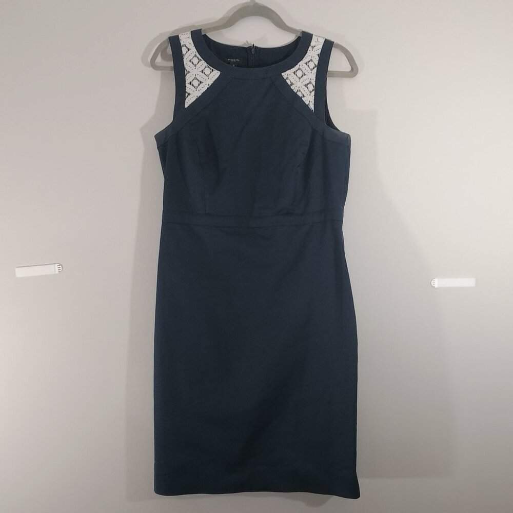 Ann Taylor Fitted Sheath Dress: Navy Blue with Lace Overlay